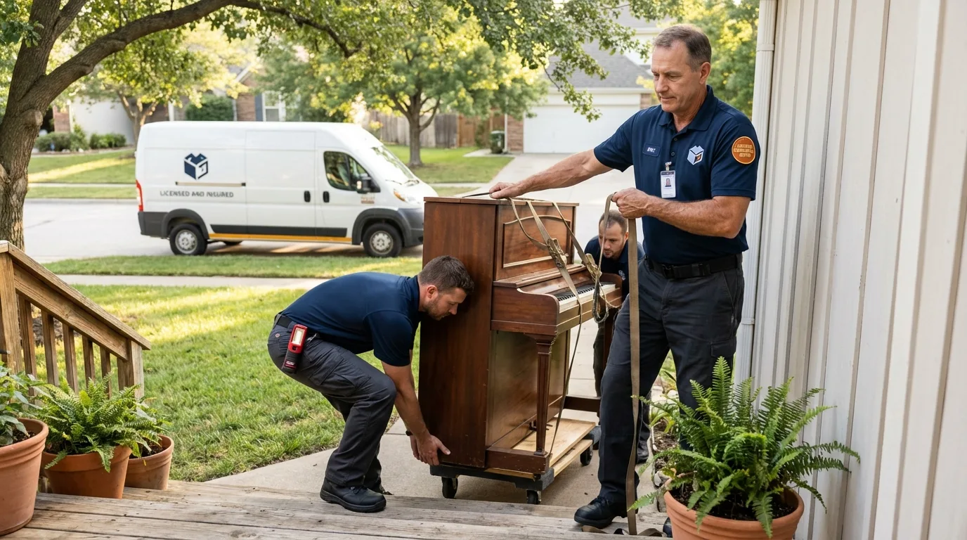 Licensed piano movers securing grand piano in Honaker, VA