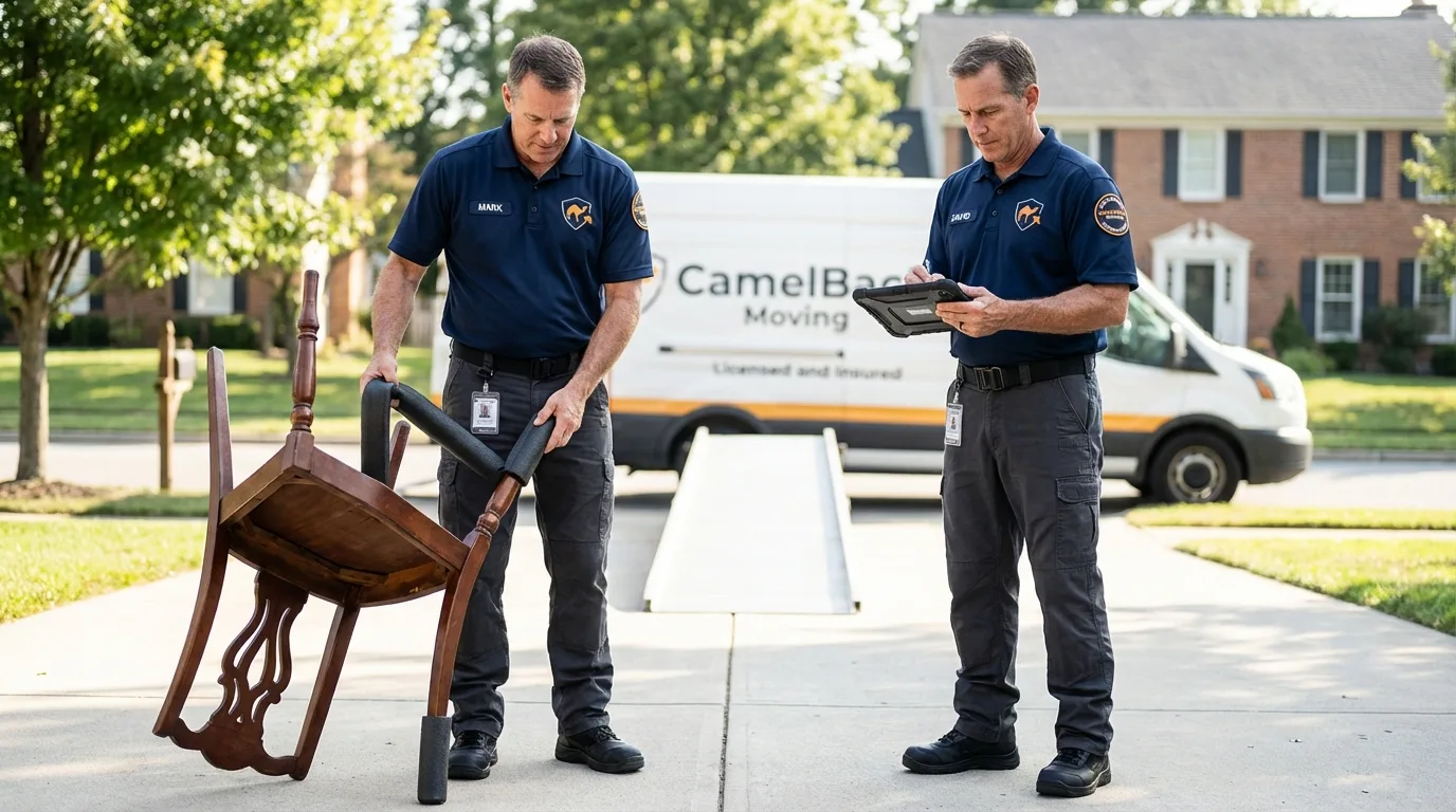 Movers inspecting furniture for damage prevention before loading in Honaker, VA